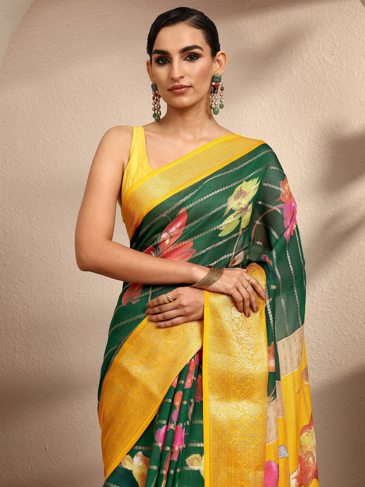 Green Woven Design Silk Blend Saree With Unstitched Blouse Piece