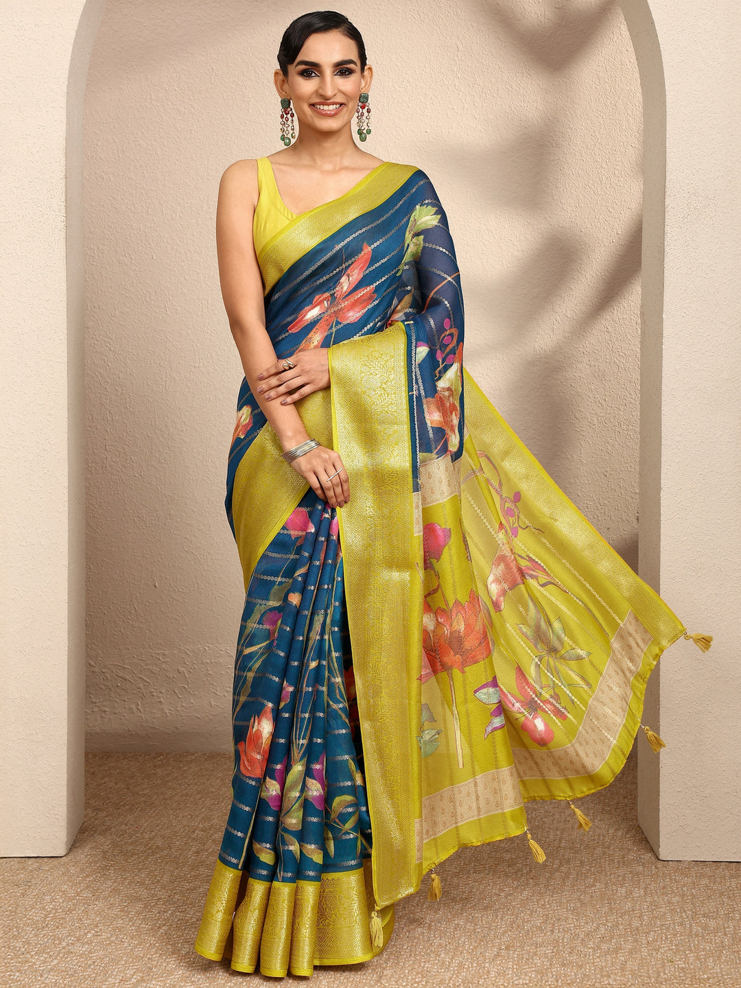 Blue Woven Design Silk Blend Saree With Unstitched Blouse Piece