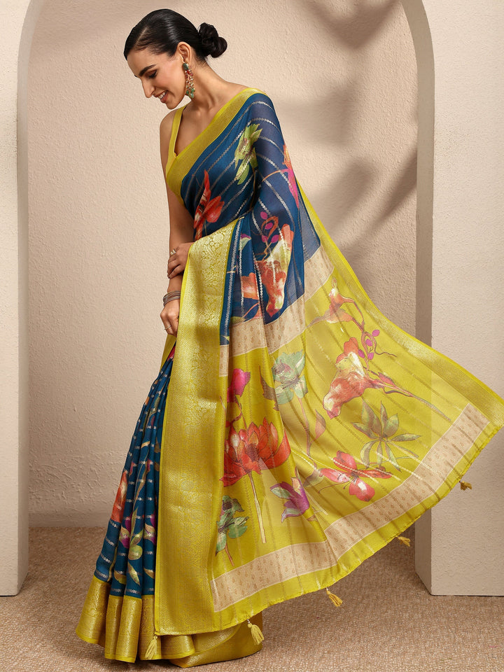 Blue Woven Design Silk Blend Saree With Unstitched Blouse Piece