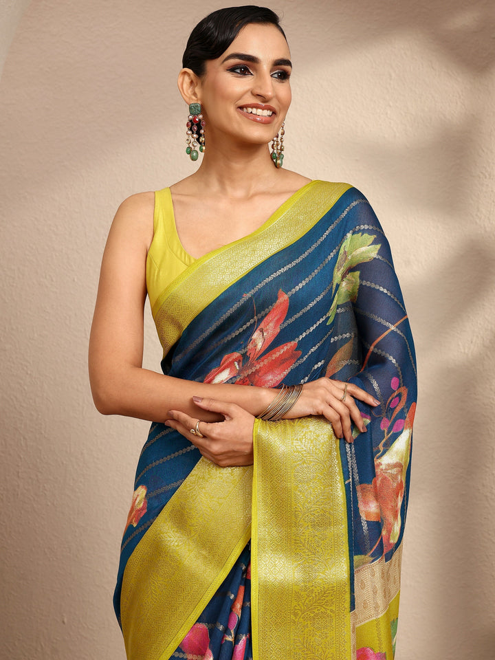 Blue Woven Design Silk Blend Saree With Unstitched Blouse Piece