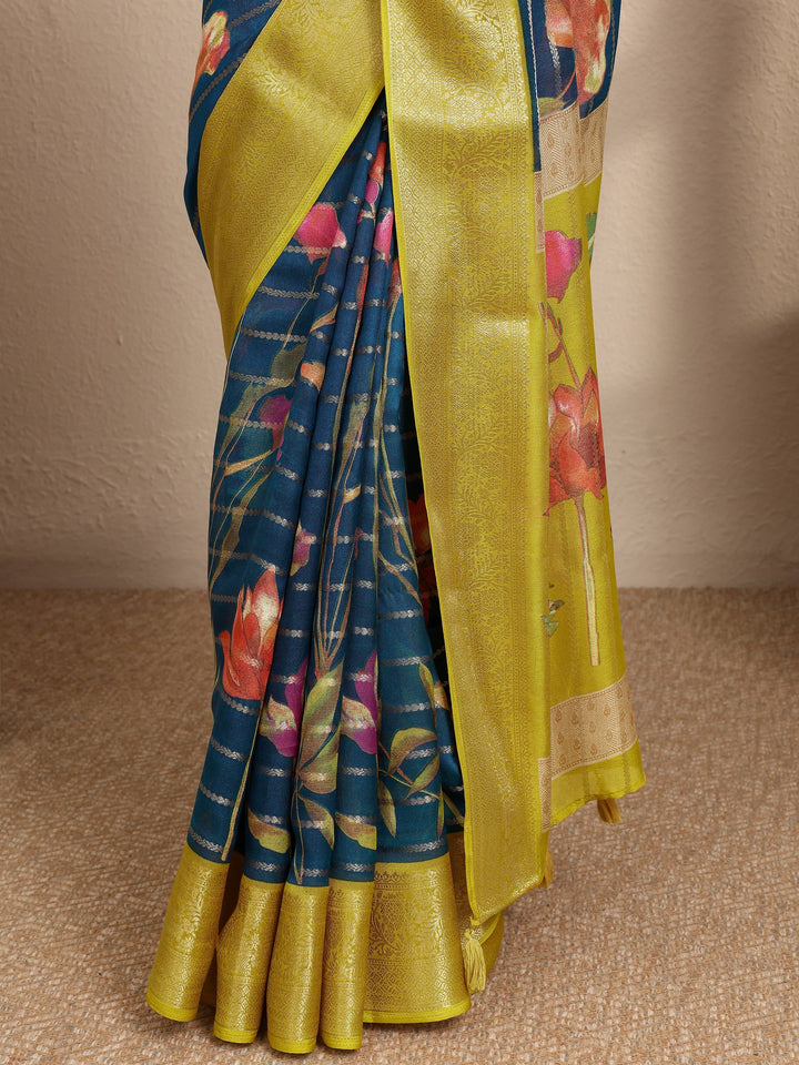 Blue Woven Design Silk Blend Saree With Unstitched Blouse Piece