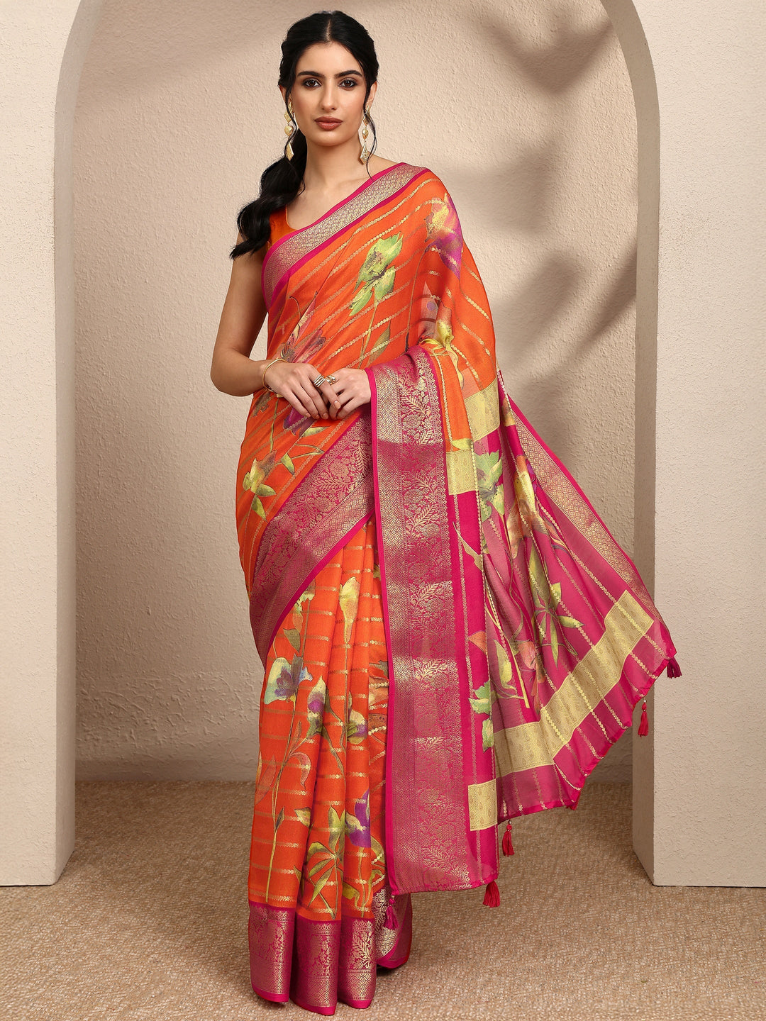 Orange Woven Design Silk Blend Saree With Unstitched Blouse Piece