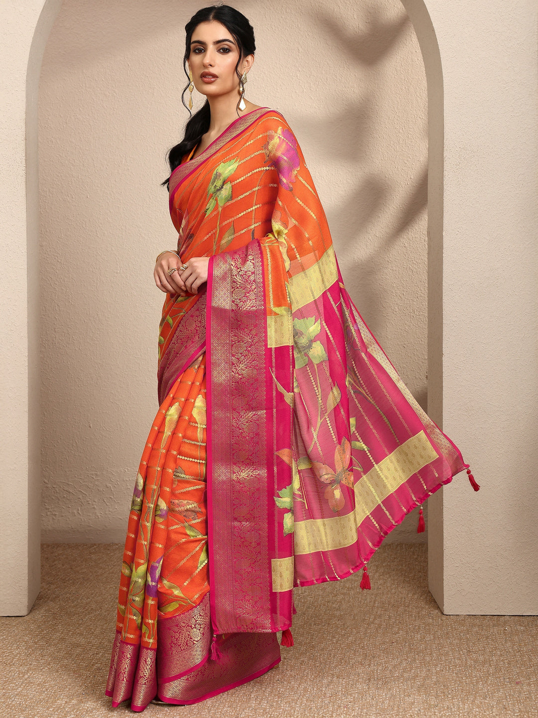 Orange Woven Design Silk Blend Saree With Unstitched Blouse Piece