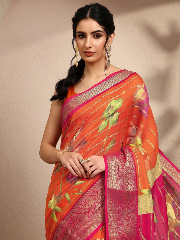 Orange Woven Design Silk Blend Saree With Unstitched Blouse Piece