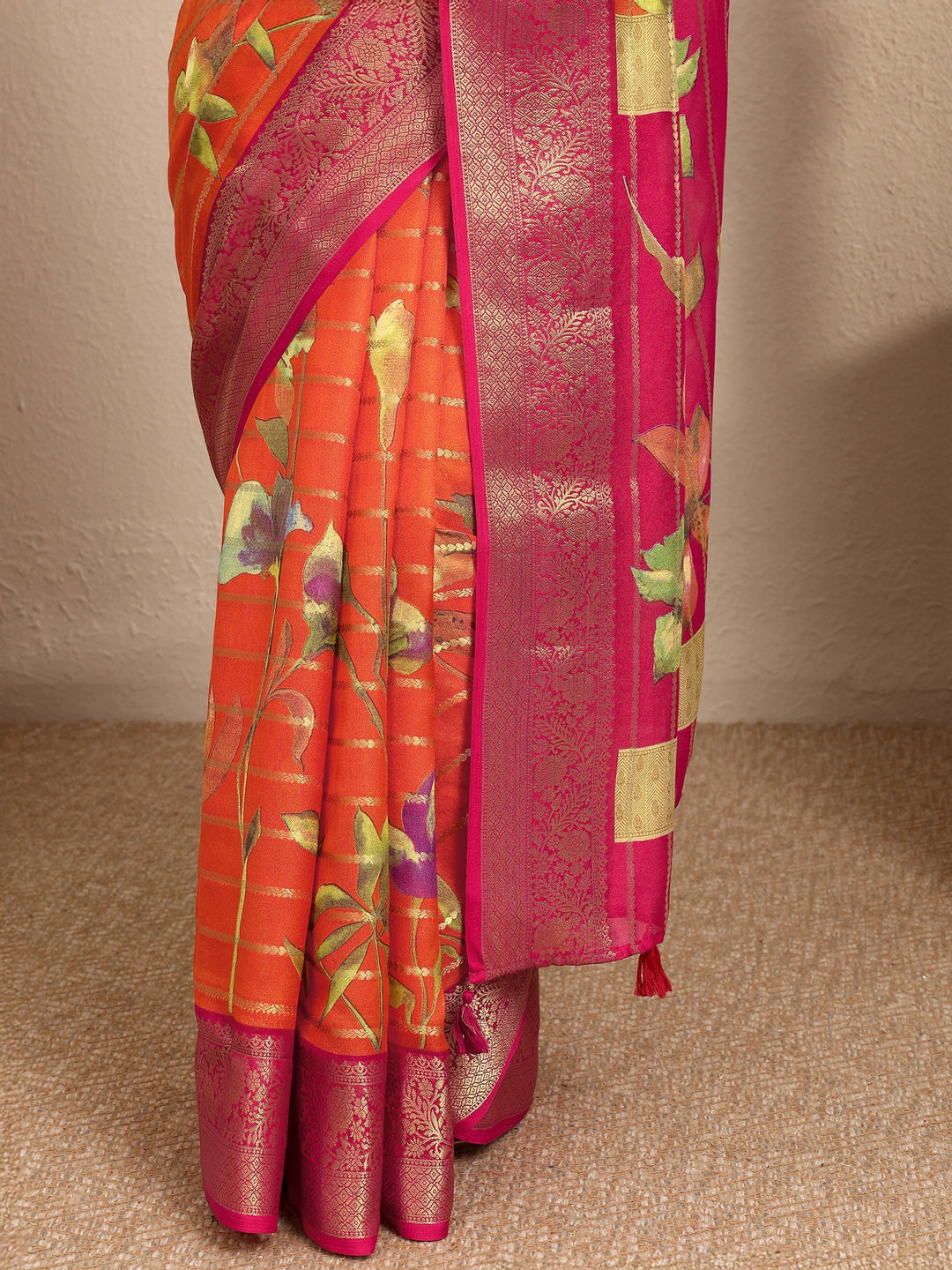 Orange Woven Design Silk Blend Saree With Unstitched Blouse Piece