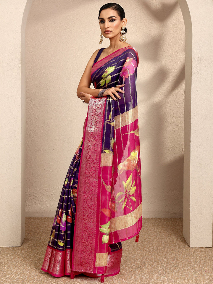 Purple Woven Design Silk Blend Saree With Unstitched Blouse Piece