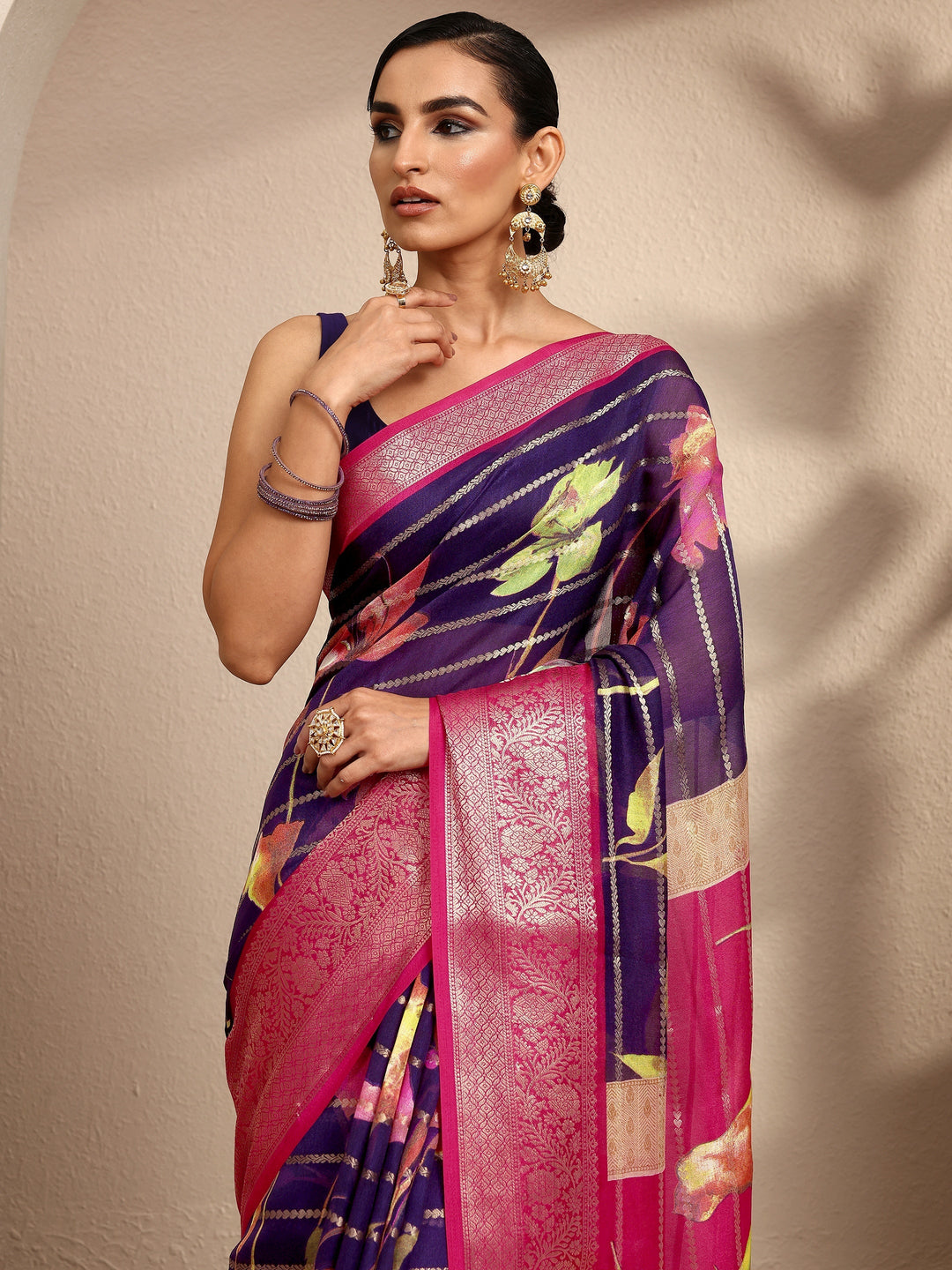 Purple Woven Design Silk Blend Saree With Unstitched Blouse Piece