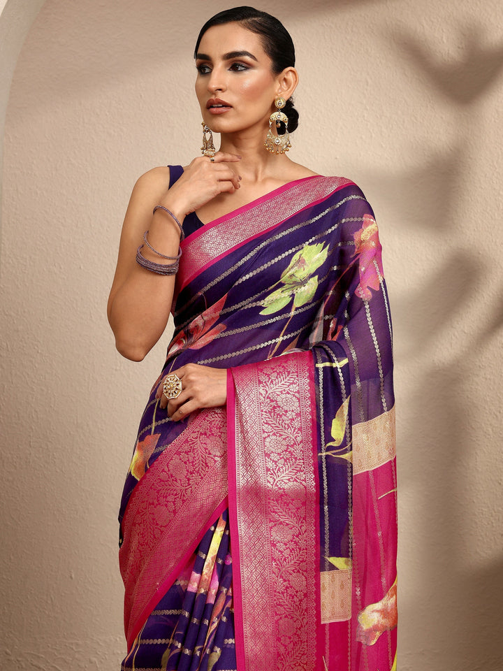 Purple Woven Design Silk Blend Saree With Unstitched Blouse Piece