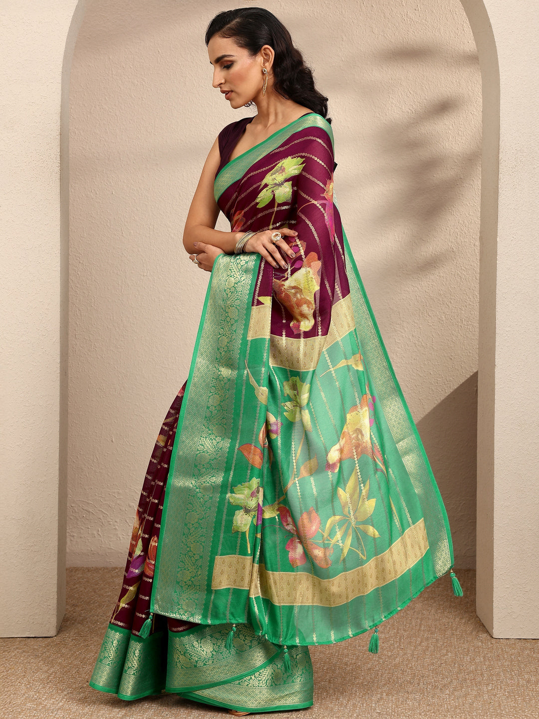 Maroon Woven Design Silk Blend Saree With Unstitched Blouse Piece
