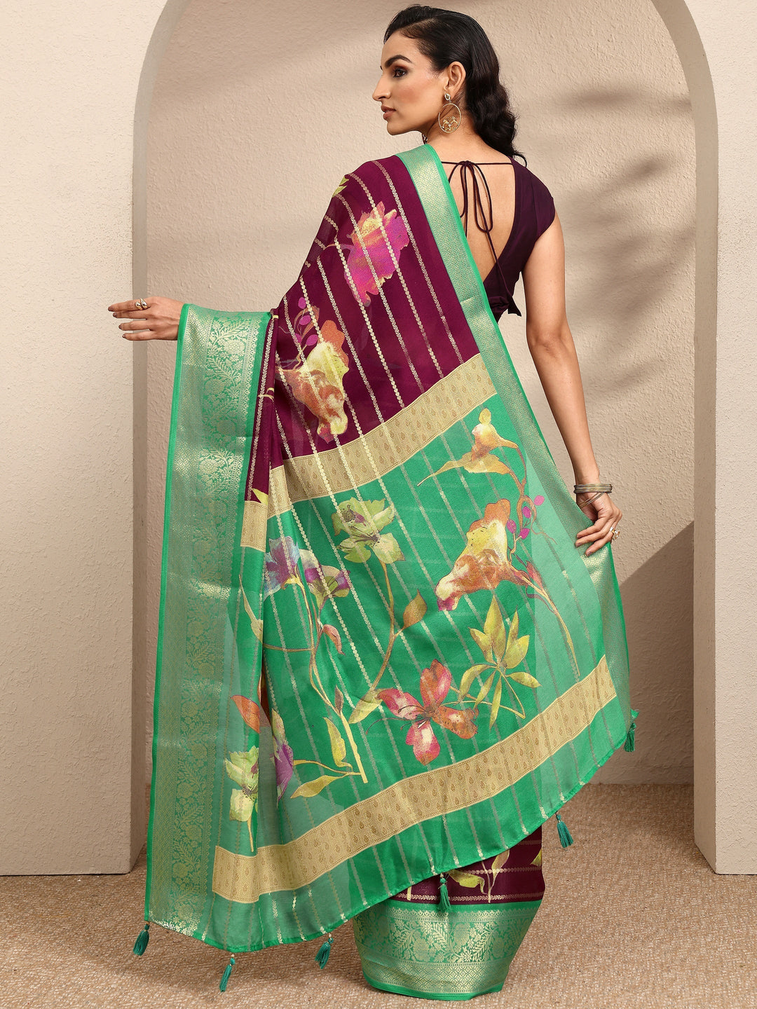 Maroon Woven Design Silk Blend Saree With Unstitched Blouse Piece