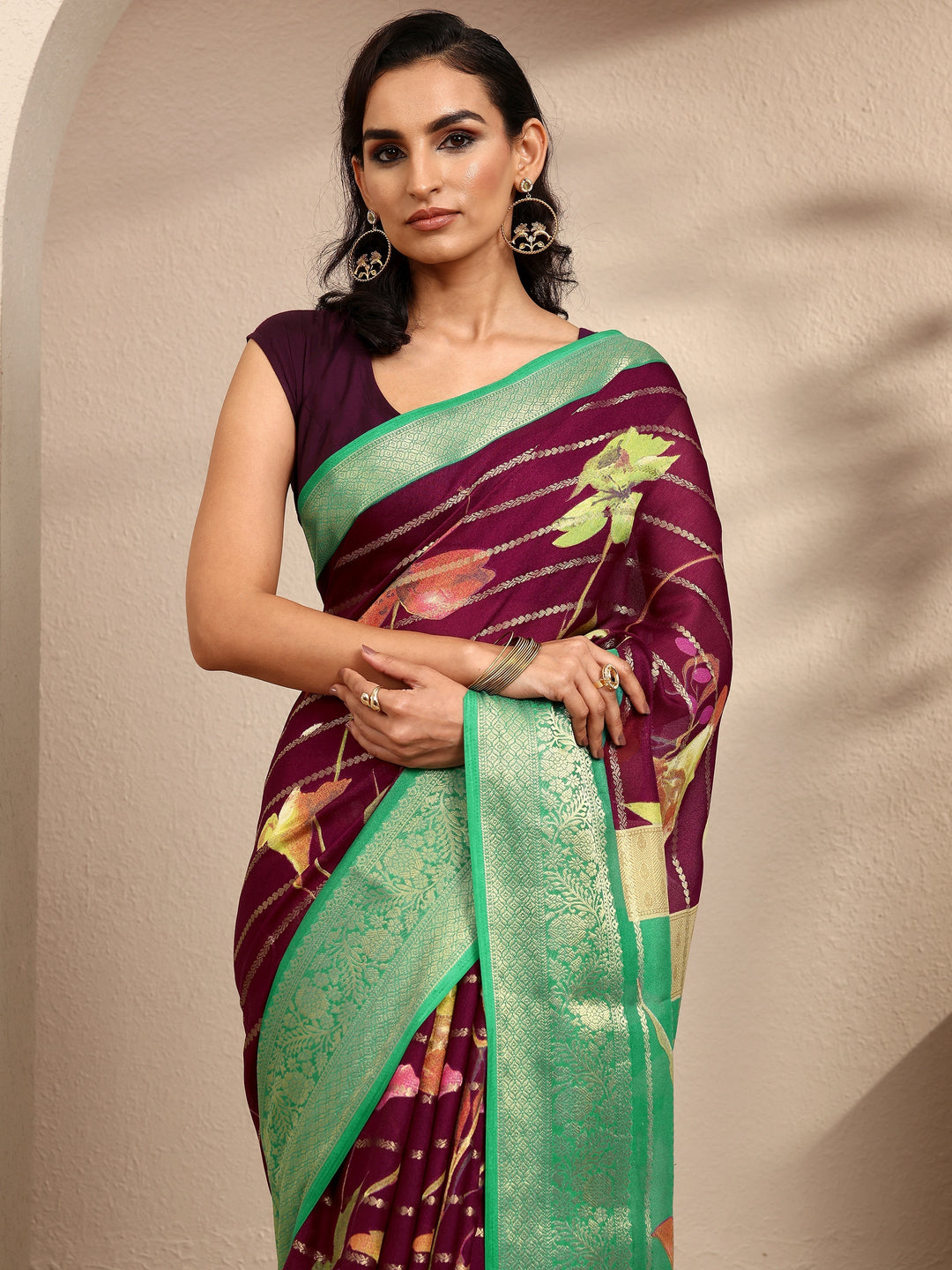 Maroon Woven Design Silk Blend Saree With Unstitched Blouse Piece