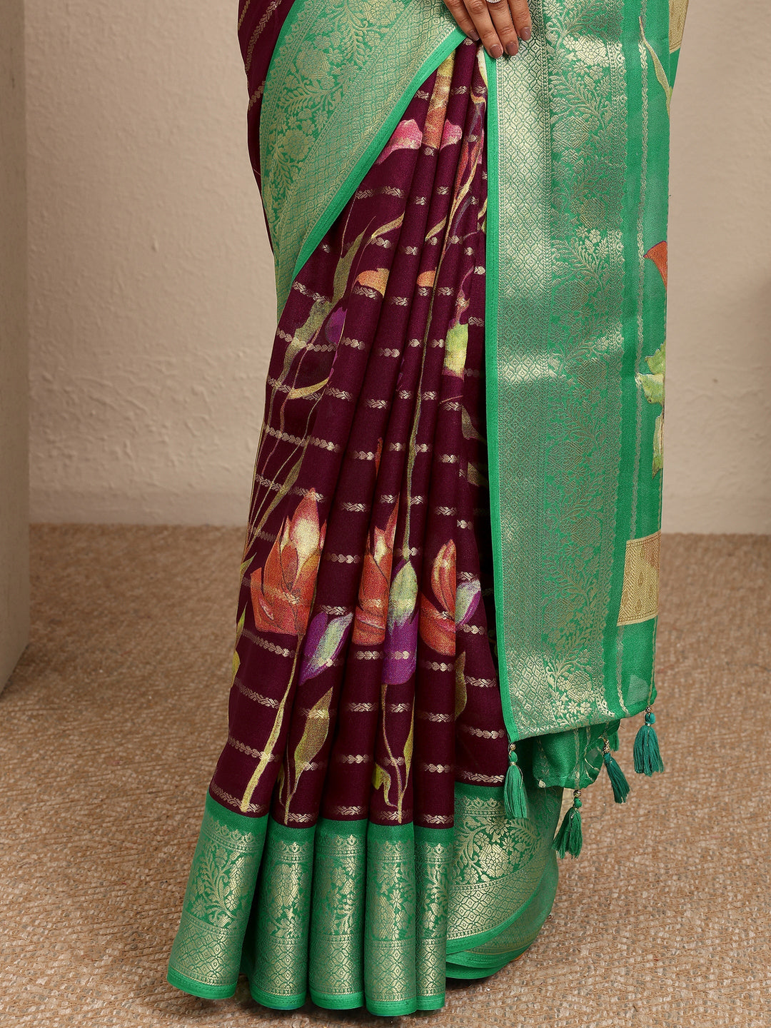 Maroon Woven Design Silk Blend Saree With Unstitched Blouse Piece