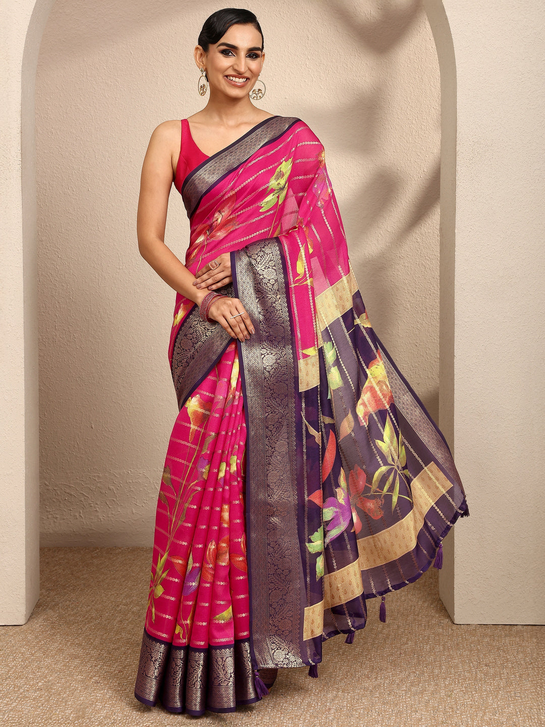 Pink Woven Design Silk Blend Saree With Unstitched Blouse Piece