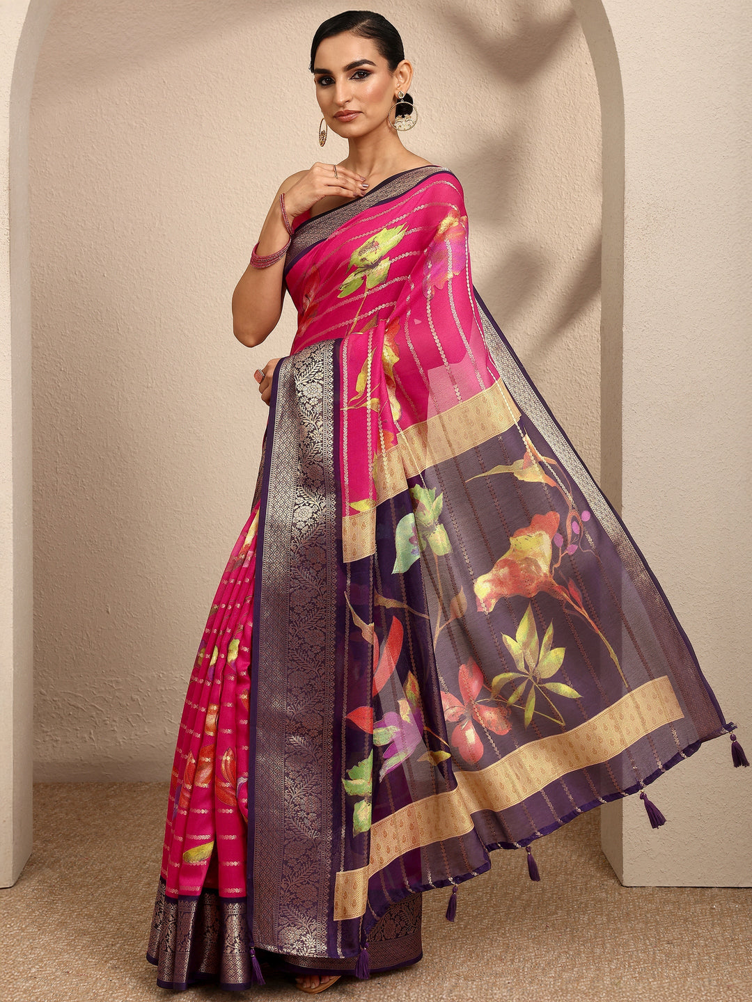 Pink Woven Design Silk Blend Saree With Unstitched Blouse Piece