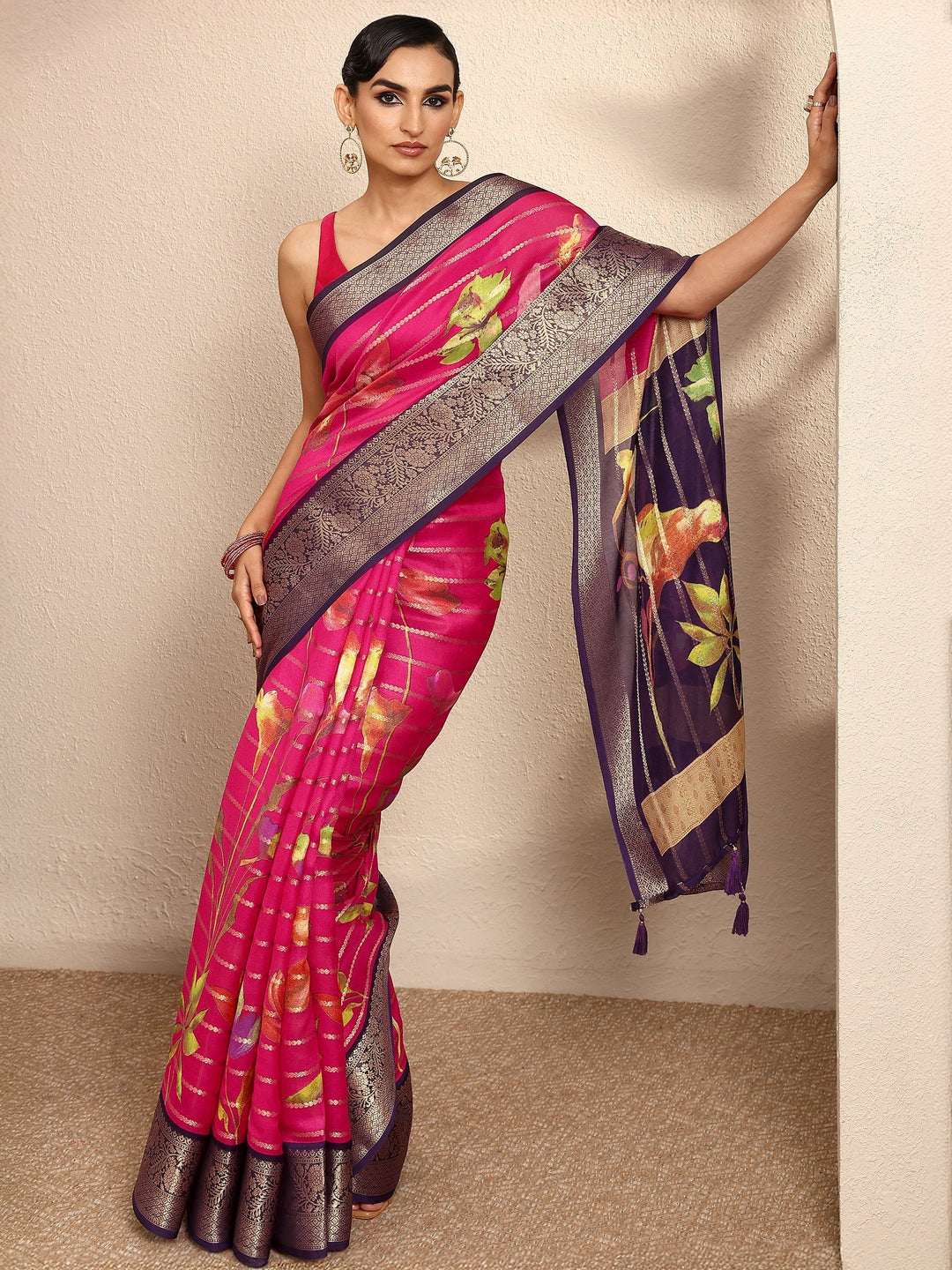 Pink Woven Design Silk Blend Saree With Unstitched Blouse Piece