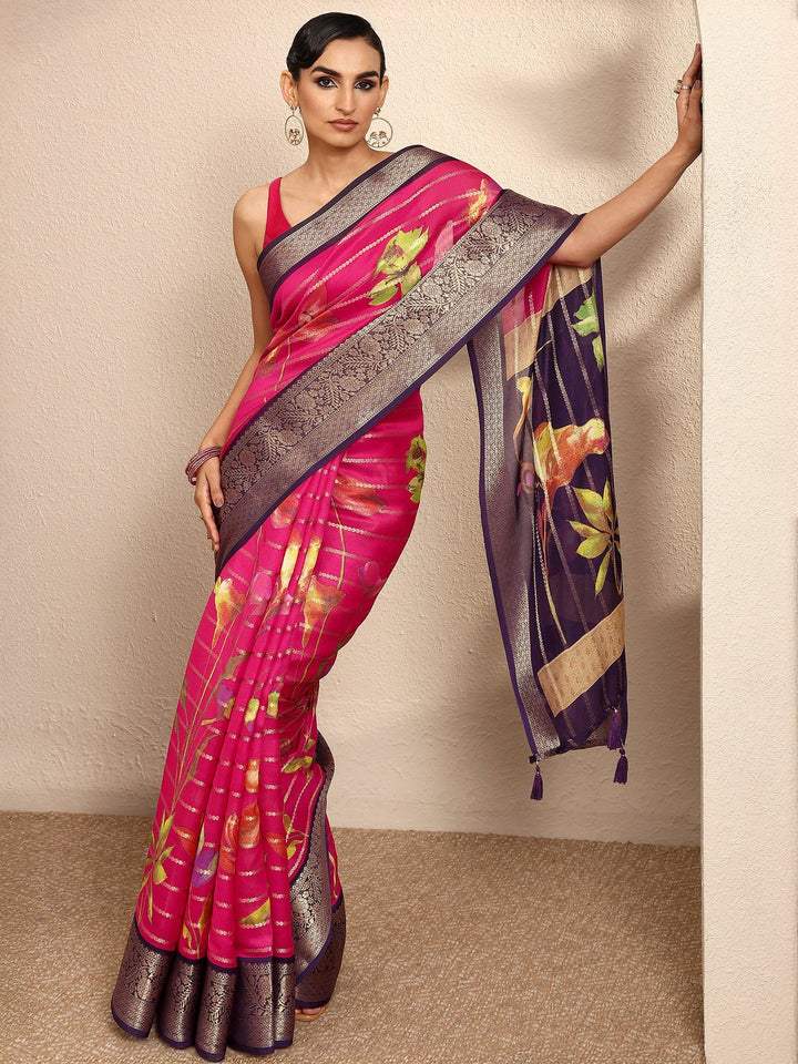 Pink Woven Design Silk Blend Saree With Unstitched Blouse Piece