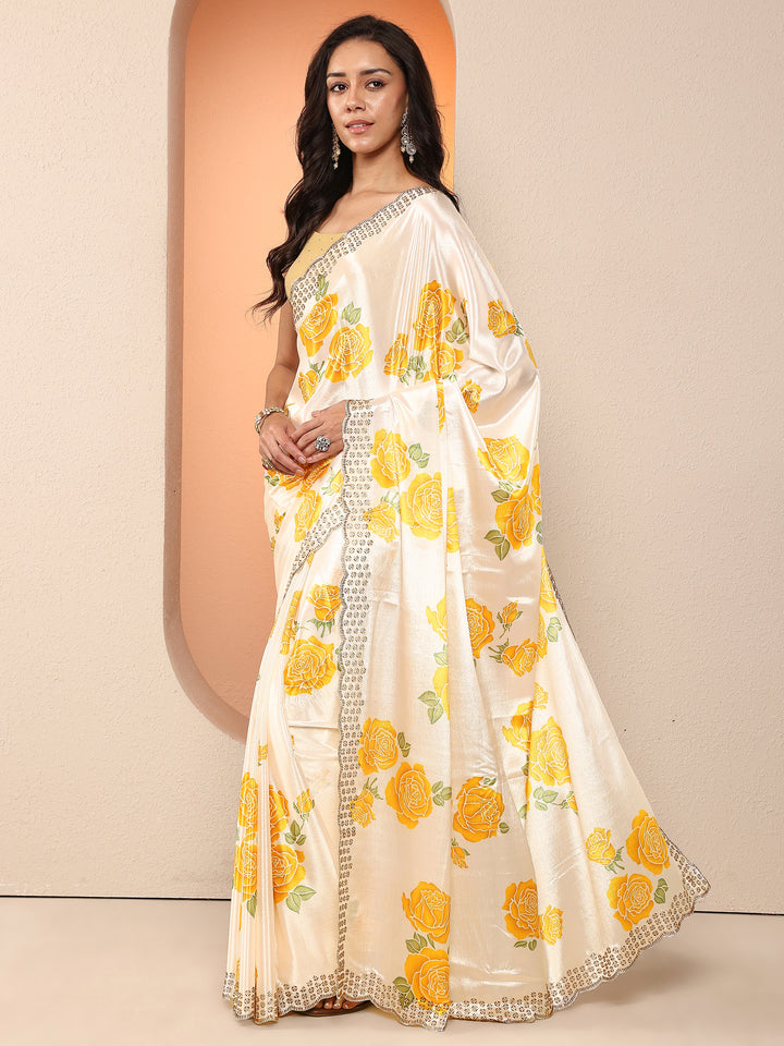 Off White Printed Silk Blend Saree With Unstitched Blouse Piece