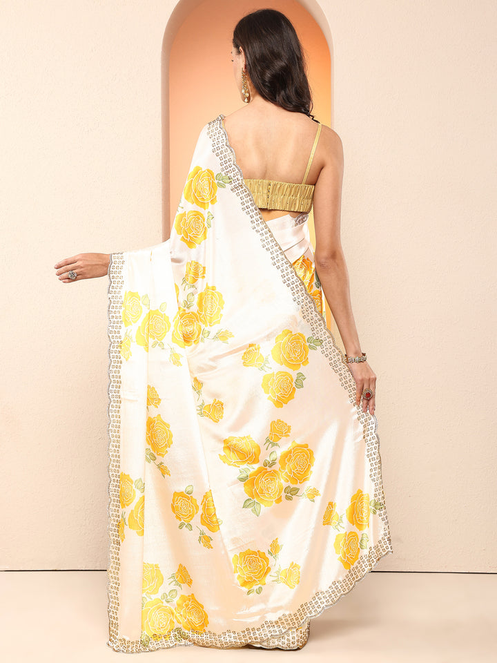 Off White Printed Silk Blend Saree With Unstitched Blouse Piece