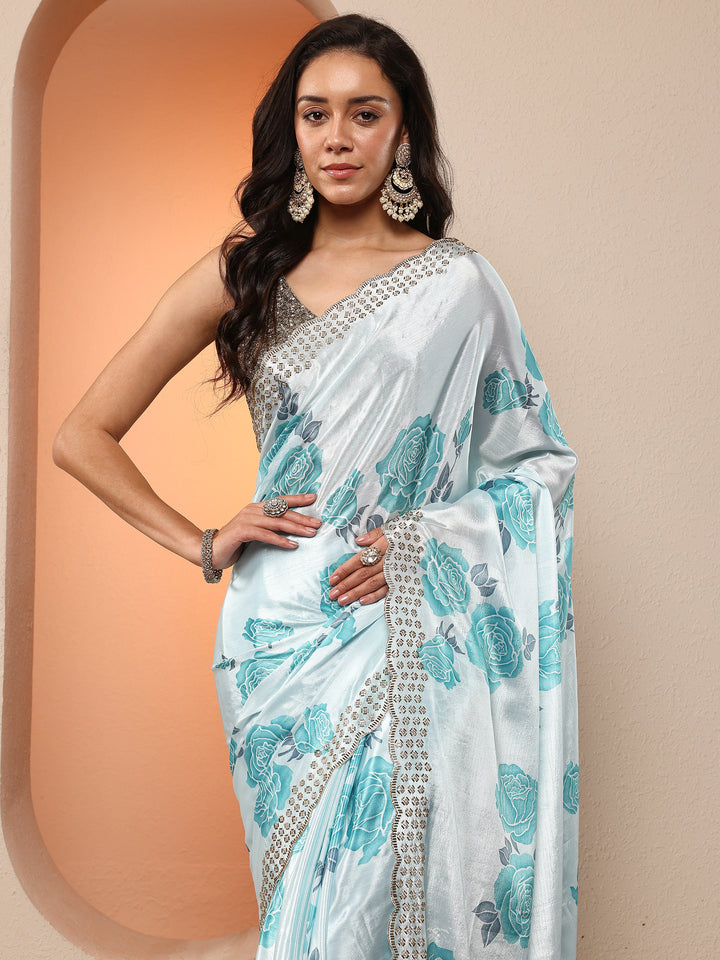 Off White Printed Silk Blend Saree With Unstitched Blouse Piece