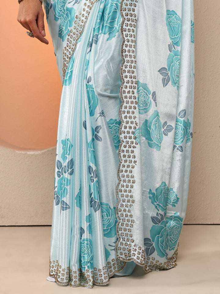 Off White Printed Silk Blend Saree With Unstitched Blouse Piece