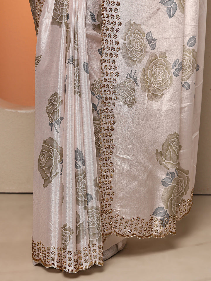 Off White Printed Silk Blend Saree With Unstitched Blouse Piece