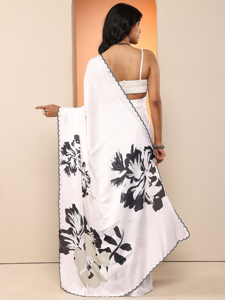White Printed Silk Blend Saree With Unstitched Blouse Piece