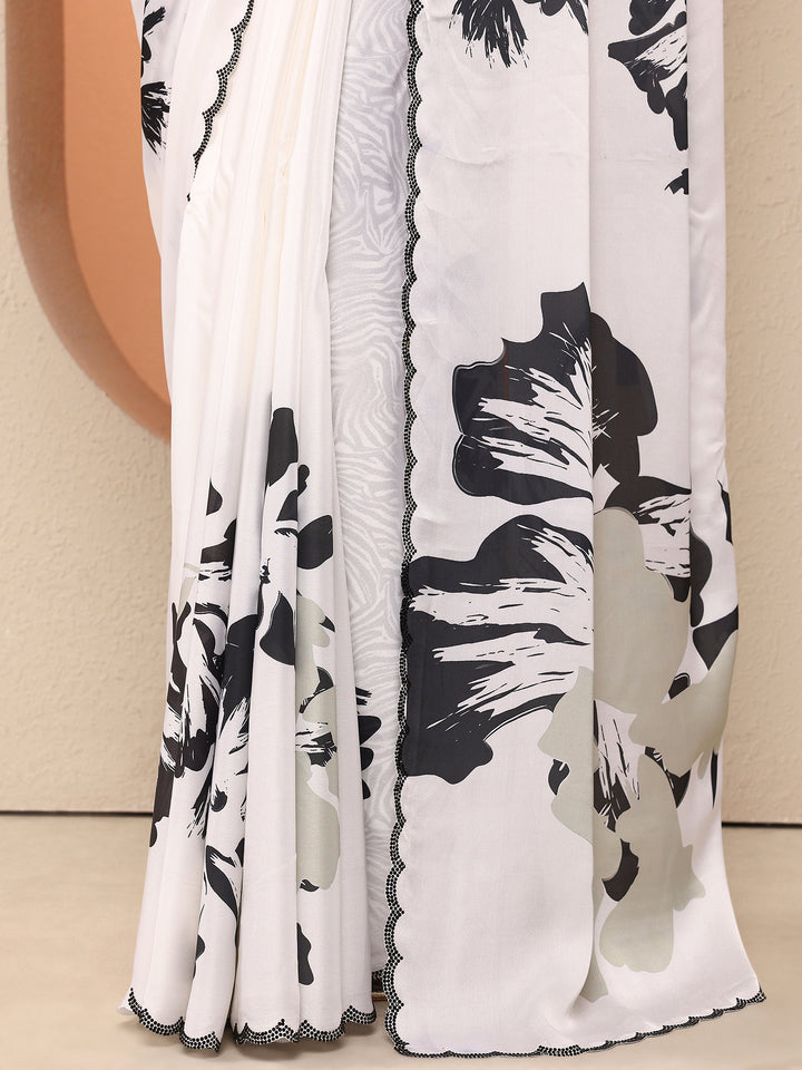 White Printed Silk Blend Saree With Unstitched Blouse Piece