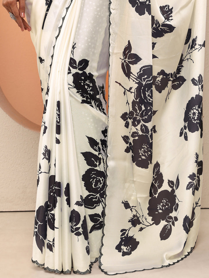 Grey Printed Silk Blend Saree With Unstitched Blouse Piece