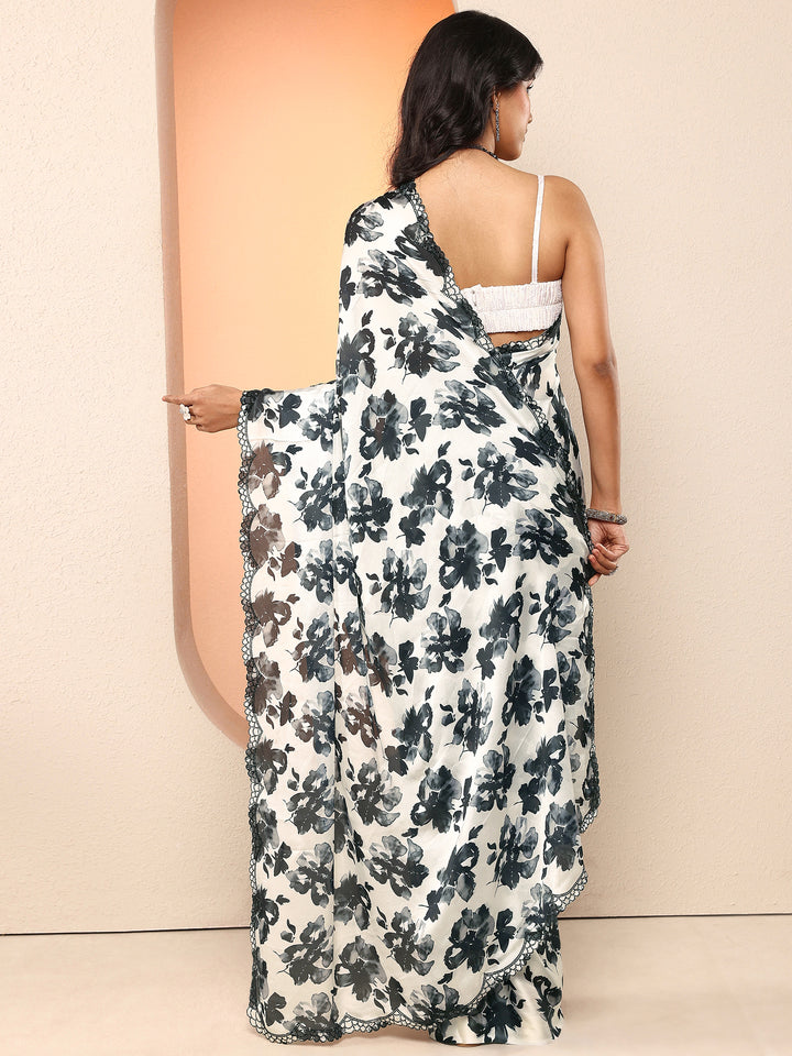 Grey Printed Silk Blend Saree With Unstitched Blouse Piece