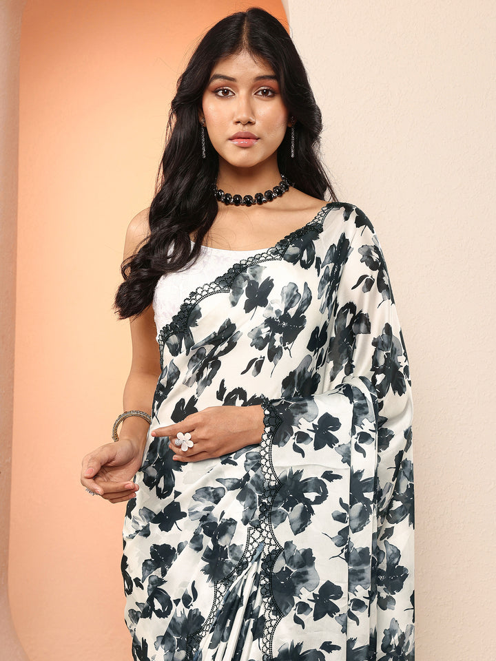 Grey Printed Silk Blend Saree With Unstitched Blouse Piece