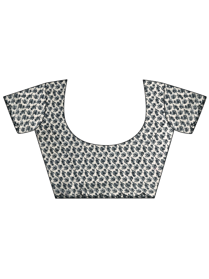 Grey Printed Silk Blend Saree With Unstitched Blouse Piece