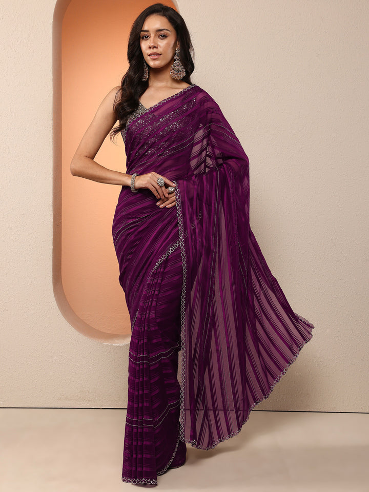 Burgundy Woven Design Chinon Saree With Unstitched Blouse Piece