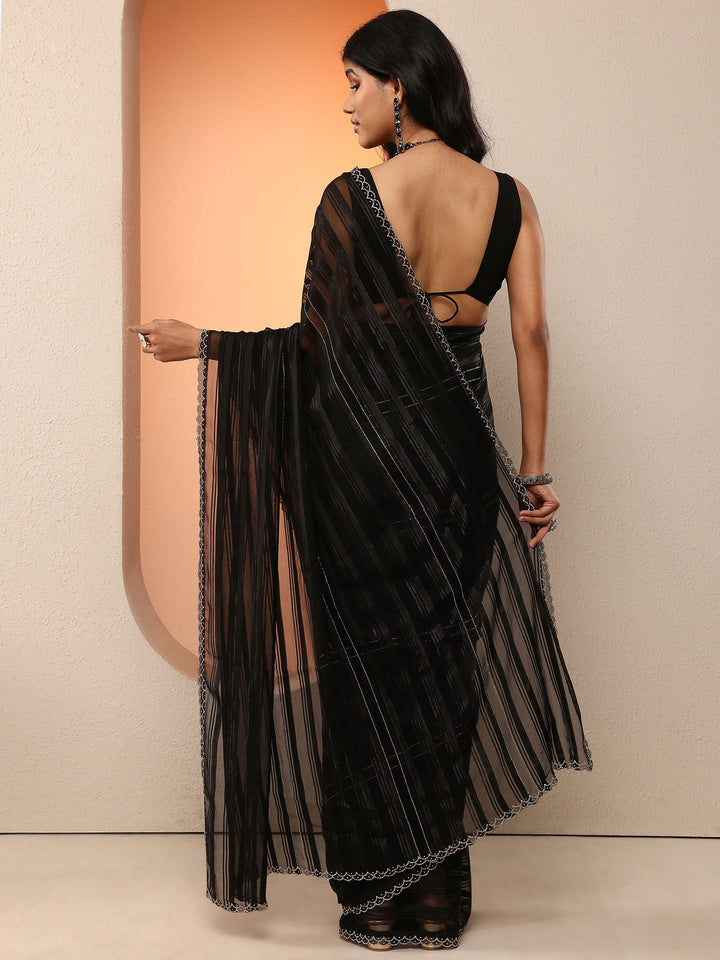 Black Woven Design Chinon Saree With Unstitched Blouse Piece