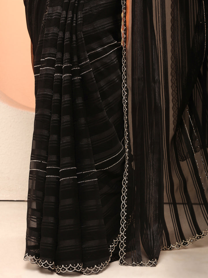 Black Woven Design Chinon Saree With Unstitched Blouse Piece