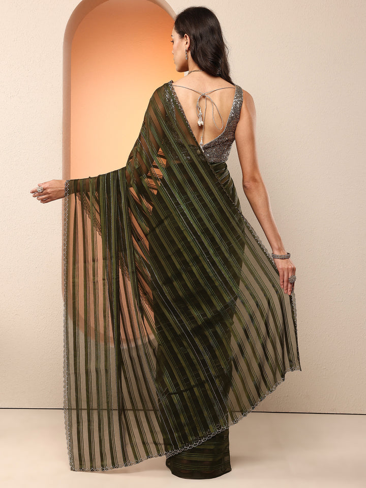 Green Woven Design Chinon Saree With Unstitched Blouse Piece