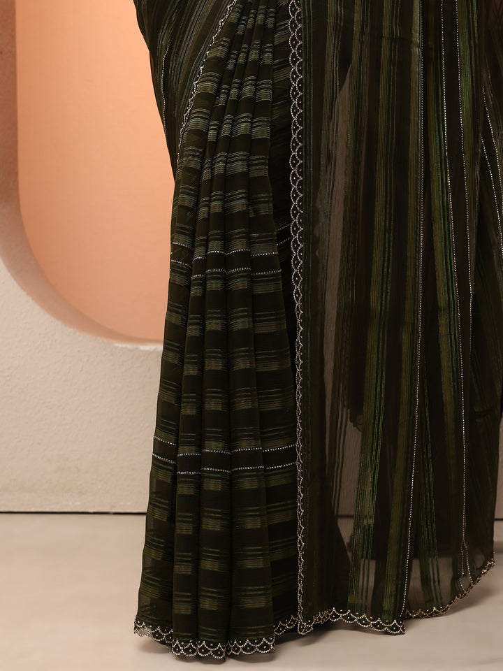 Green Woven Design Chinon Saree With Unstitched Blouse Piece