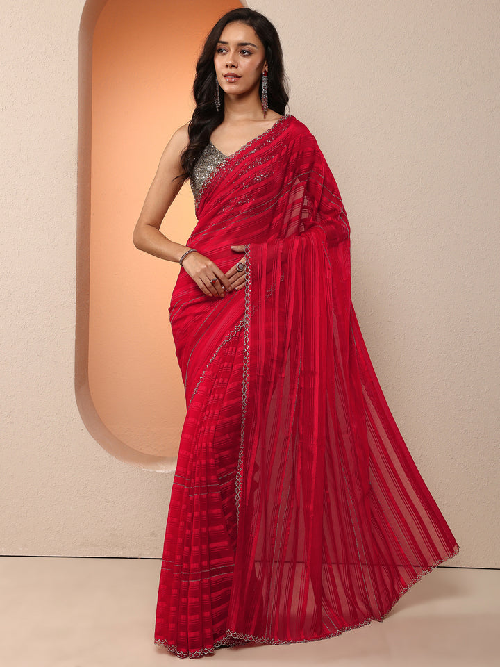Red Woven Design Chinon Saree With Unstitched Blouse Piece