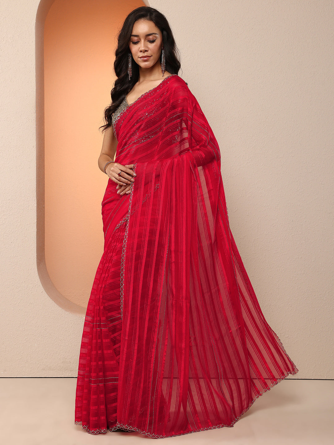 Red Woven Design Chinon Saree With Unstitched Blouse Piece