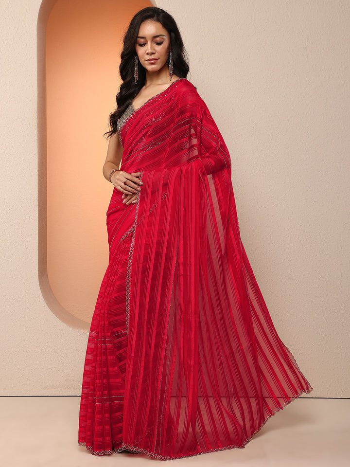 Red Woven Design Chinon Saree With Unstitched Blouse Piece