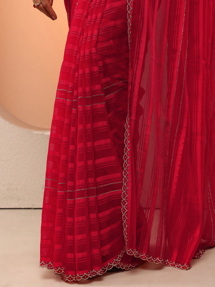 Red Woven Design Chinon Saree With Unstitched Blouse Piece