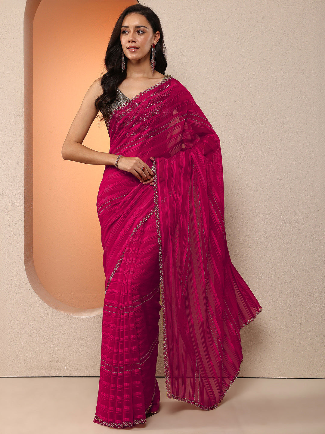 Pink Woven Design Chinon Saree With Unstitched Blouse Piece