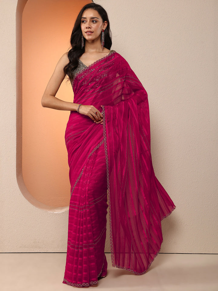 Pink Woven Design Chinon Saree With Unstitched Blouse Piece