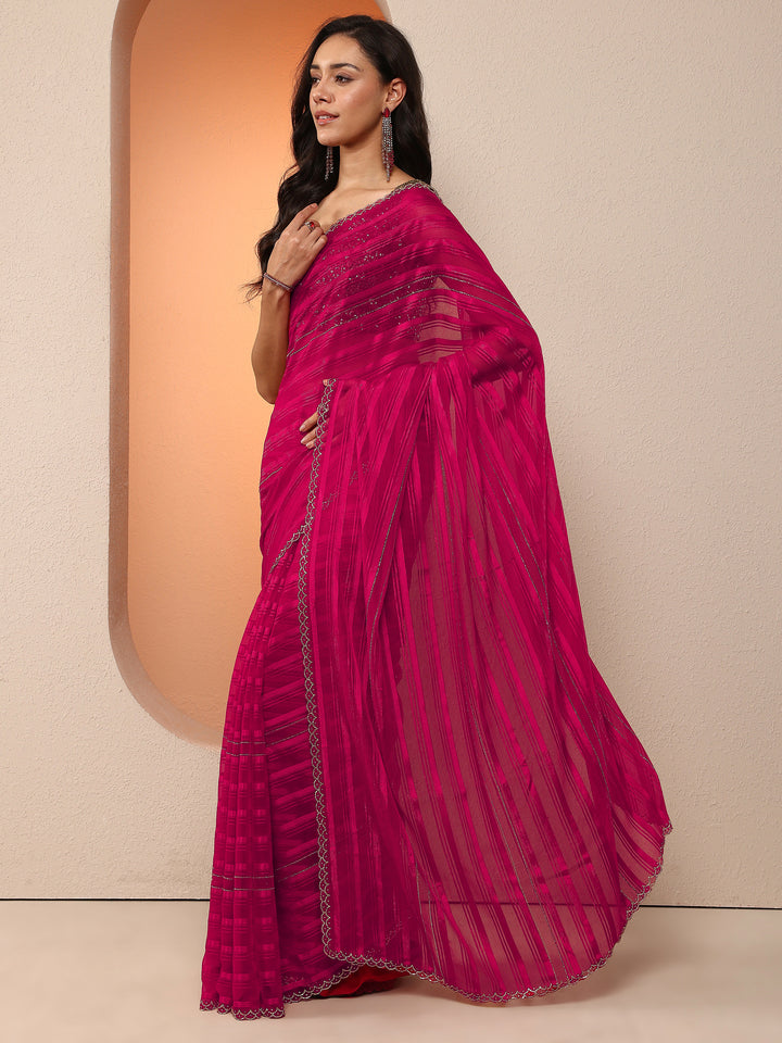Pink Woven Design Chinon Saree With Unstitched Blouse Piece