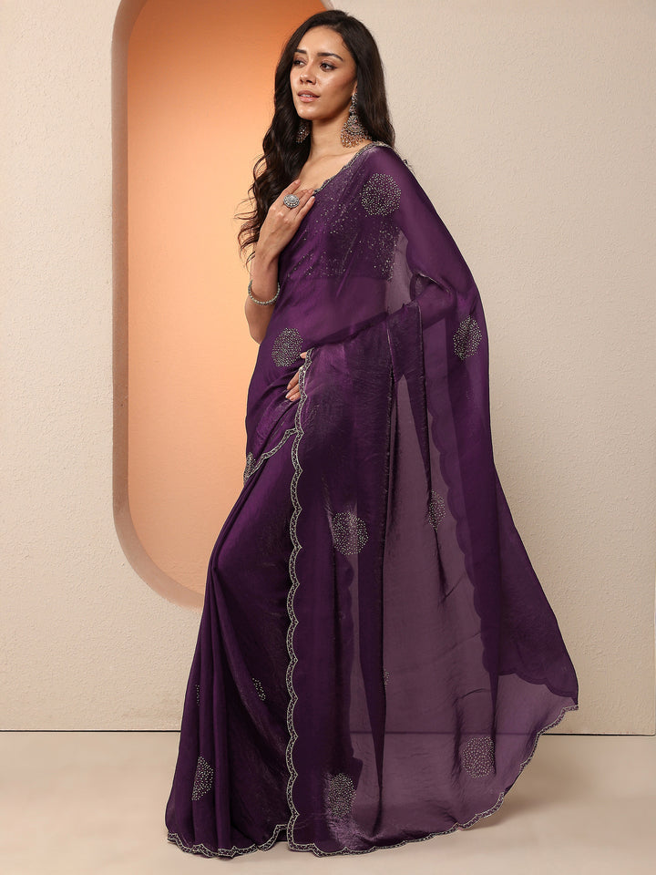 Burgundy Embellished Organza Saree With Unstitched Blouse Piece