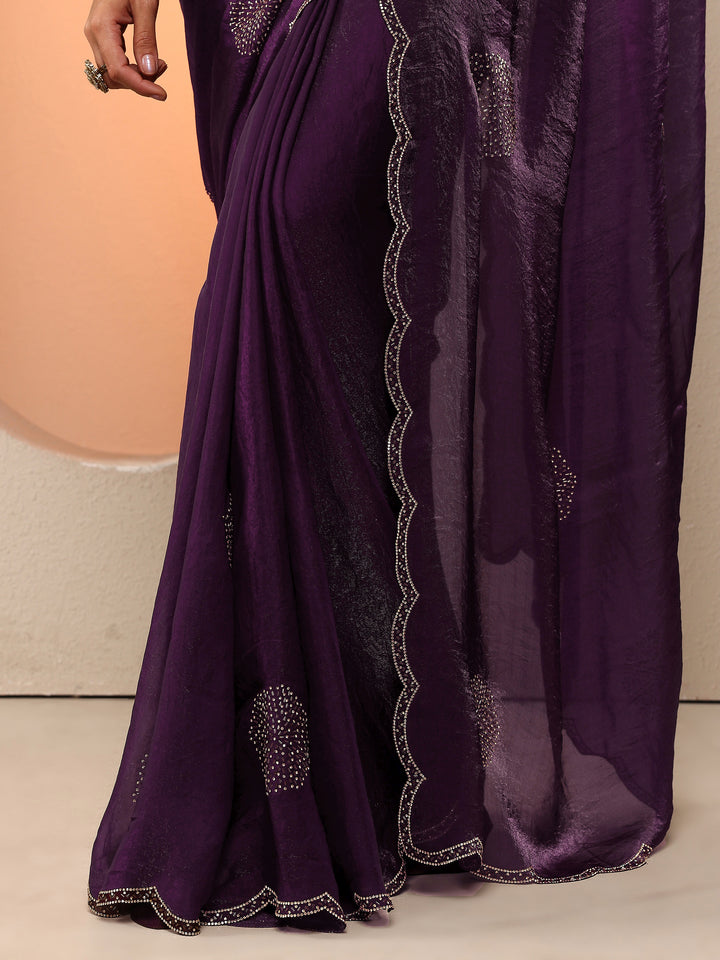 Burgundy Embellished Organza Saree With Unstitched Blouse Piece