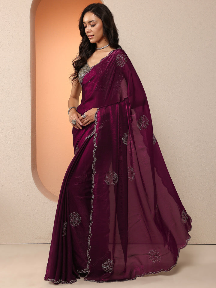 Maroon Embellished Organza Saree With Unstitched Blouse Piece