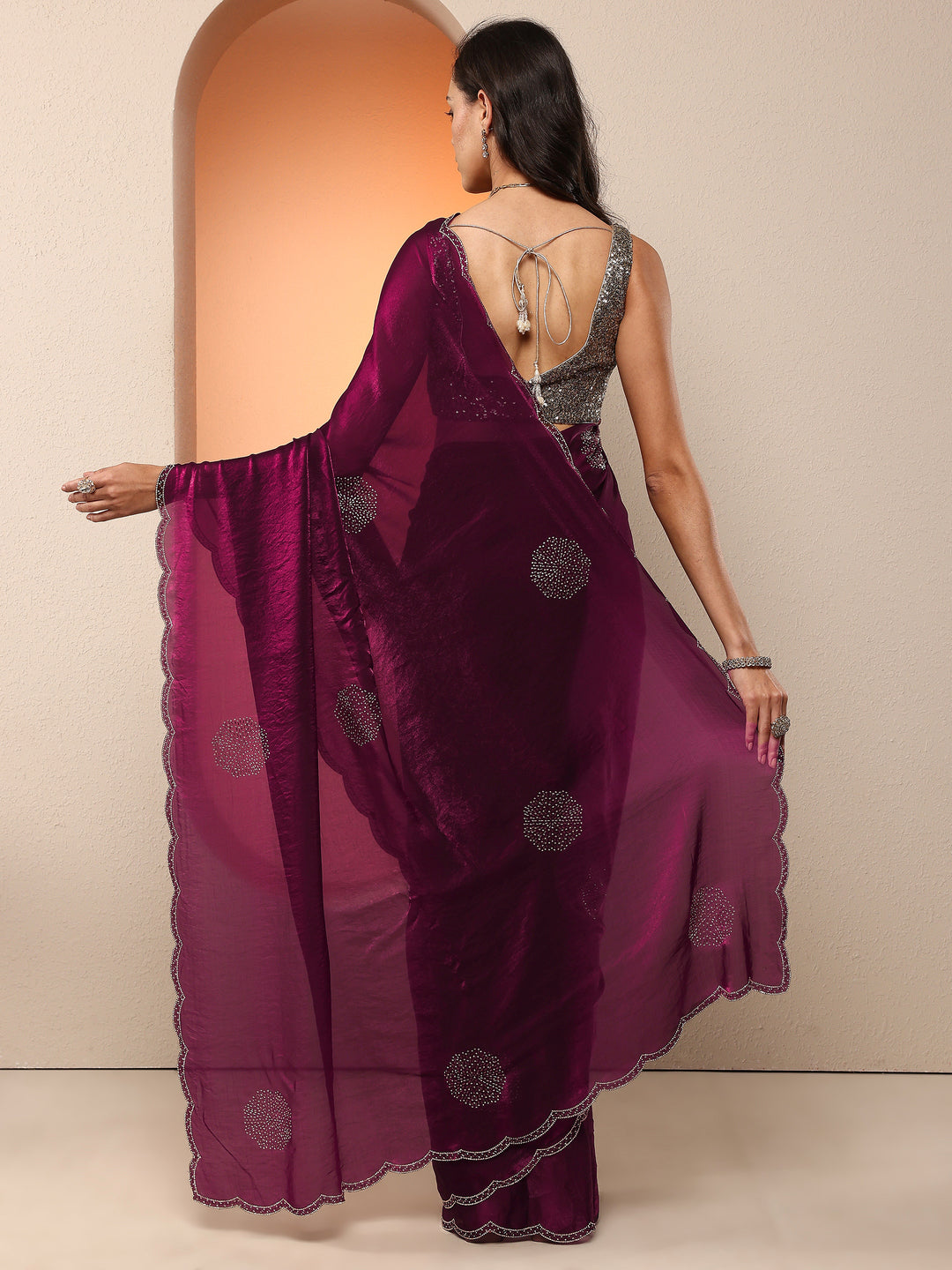 Maroon Embellished Organza Saree With Unstitched Blouse Piece
