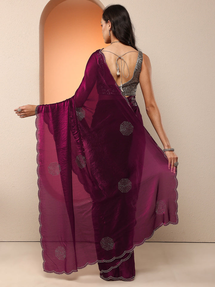 Maroon Embellished Organza Saree With Unstitched Blouse Piece