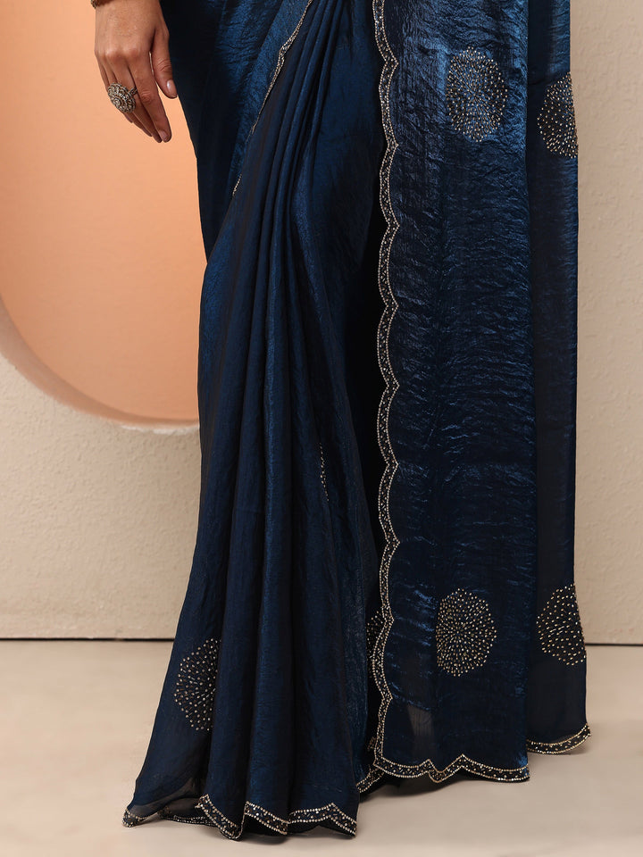 Blue Embellished Organza Saree With Unstitched Blouse Piece
