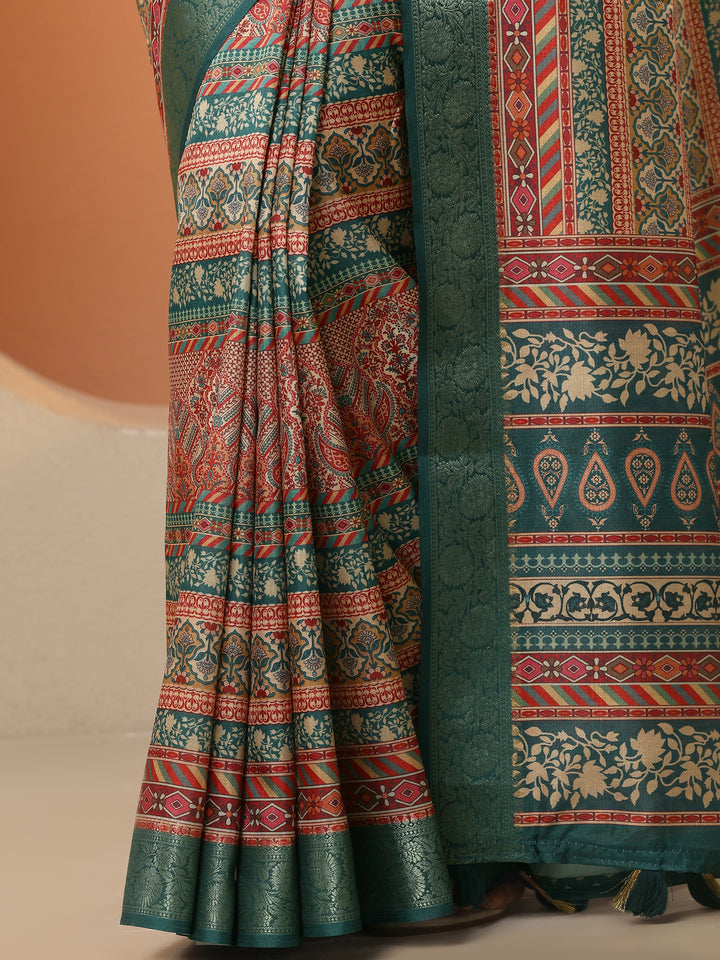Multi Printed Silk Blend Saree With Unstitched Blouse Piece